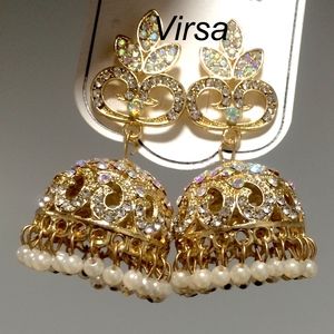 Gold Jhumki Earrings Offwhite Beads New